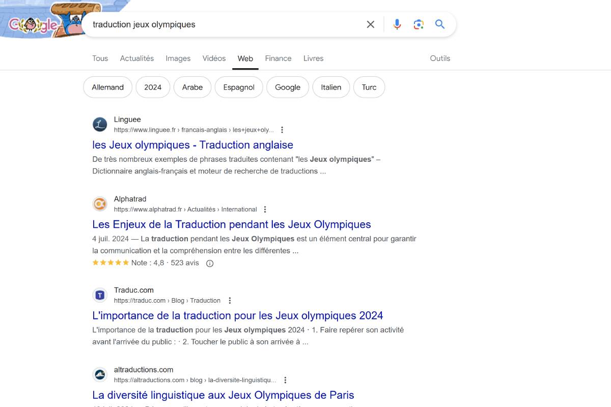 Page de résultat de Google France pour la requête "traduction jeux olympiques"